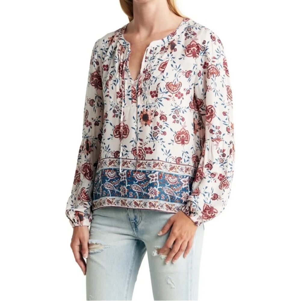 Lucky Brand Womens L Burgundy Ivory BOHO Mixed Print Crepe Blouse Top NWT